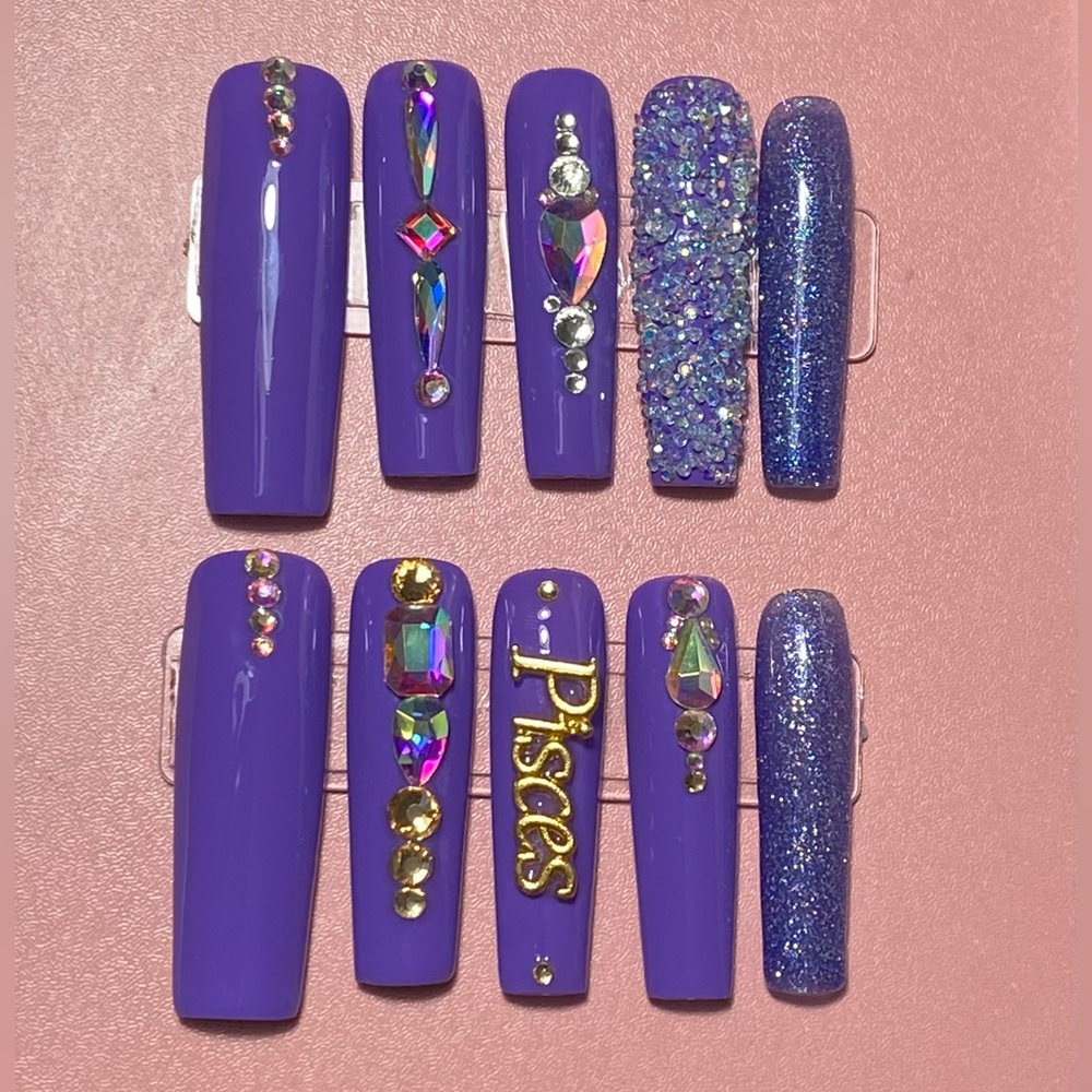 Hand Crafted Pisces Birthday Luxury XL Square Press On Nails Love Galore